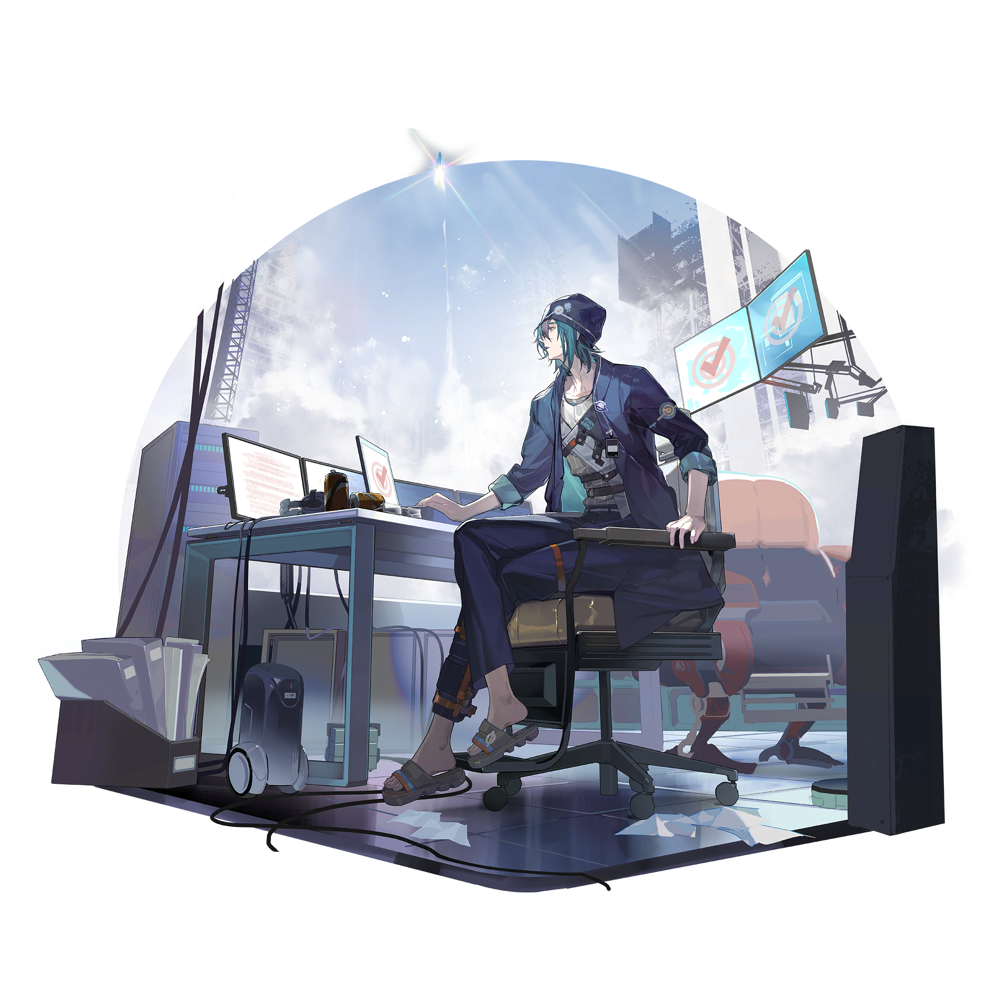 1boy artist_request beanie binder black_eyes black_hair can chair computer exhaust from_side full_body game_cg girls'_frontline girls'_frontline_neural_cloud green_hair hat headphones highres jacket launch_pad looking_at_screen male_focus monitor newspaper official_art on_chair open_clothes open_jacket pants rocket sandals sitting solo third-party_source transparent_background yuwang_(neural_cloud)