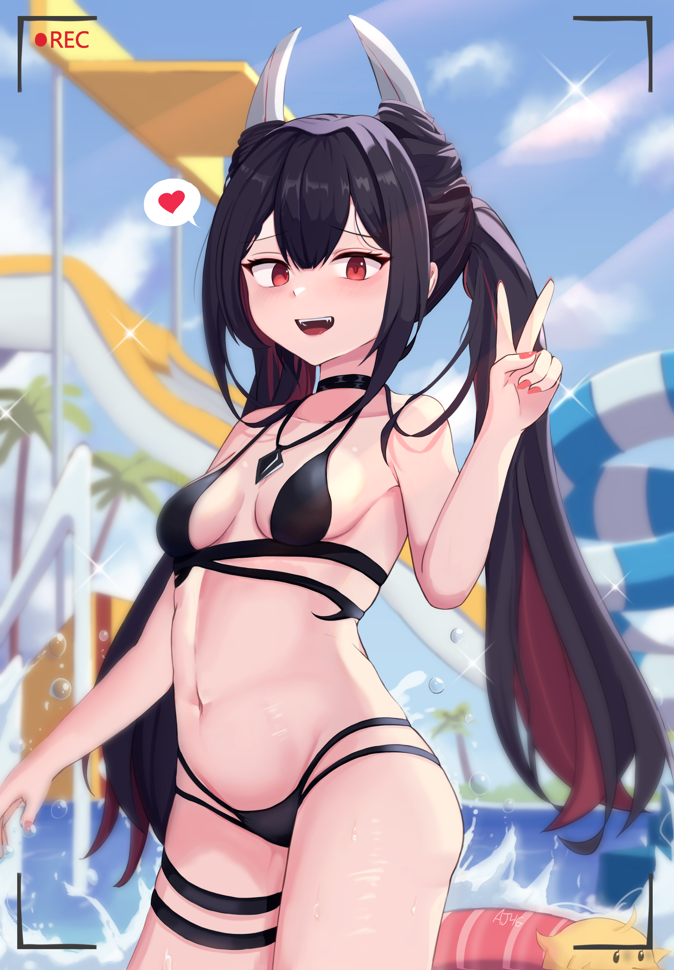 1girl absurdres aj_gtv azur_lane bikini black_bikini black_choker black_hair breasts breasts_apart choker collarbone colored_inner_hair cowboy_shot day demon_horns double-parted_bangs hair_intakes hatsuzuki_(august&#039;s_first_romance)_(azur_lane) hatsuzuki_(azur_lane) heart highres horns jewelry light_blush manjuu_(azur_lane) multi-strapped_bikini_bottom multicolored_hair nail_polish navel necklace open_mouth outdoors petite red_eyes red_hair red_nails small_breasts smile spoken_heart standing swimsuit thigh_strap v viewfinder waterpark