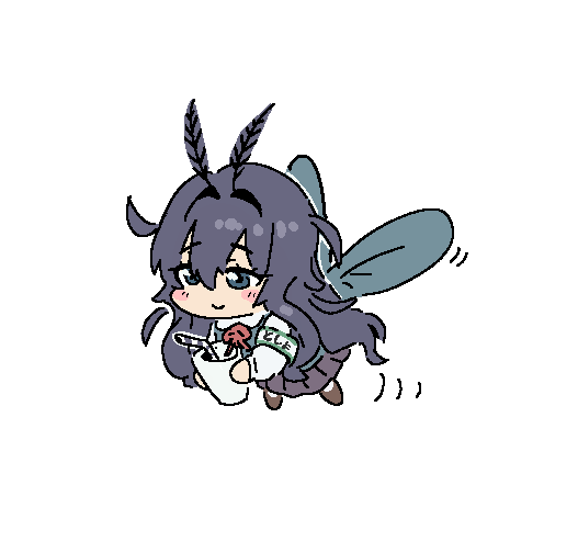 1girl antennae arthropod_girl black_hair blush_stickers chibi chibi_only chomahu cup drinking_straw flying grey_eyes hair_intakes holding holding_cup insect_wings kimi_no_koto_ga_dai_dai_dai_dai_daisuki_na_100-nin_no_kanojo long_hair mosquito_girl neck_ribbon red_ribbon ribbon smile solo very_long_hair wings yoshimoto_shizuka