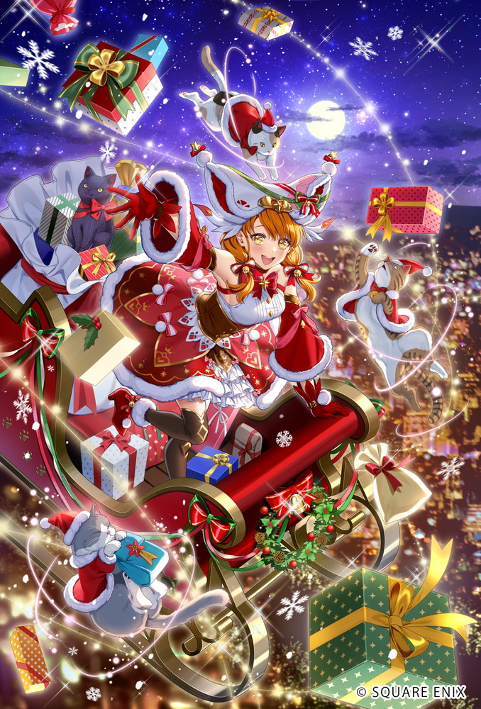 1girl armpits bell black_cat blush bow cat character_request christmas commentary_request copyright_notice corset detached_sleeves fur-trimmed_sleeves fur_trim gift gloves hair_bell hair_bow hair_ornament kiba_tori leaning_forward long_hair moon night official_art open_mouth orange_hair outdoors pink_bow pom_pom_(clothes) red_bow red_footwear red_gloves red_skirt red_sleeves romancing_saga_re;universe saga shirt skirt sleeveless sleeveless_shirt sleigh snowflakes solo standing standing_on_one_leg star_(sky) swept_bangs thighhighs waving wreath yellow_eyes