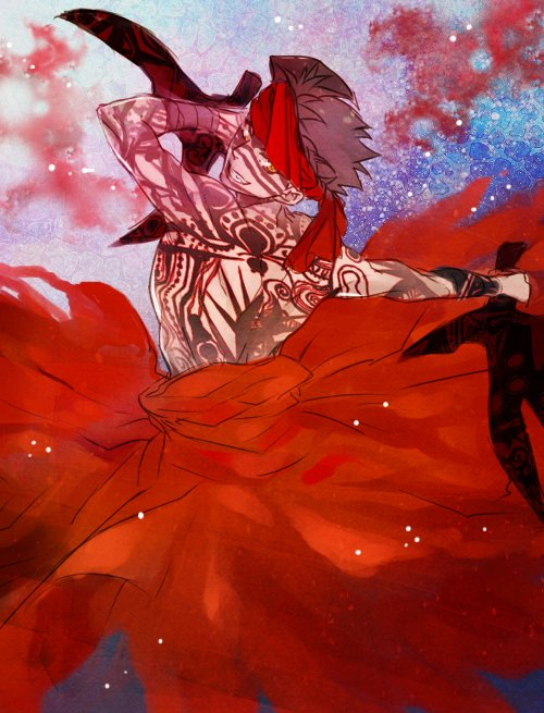1boy angra_mainyu_(fate) black_hair brown_eyes dual_wielding fate/hollow_ataraxia fate_(series) full-body_tattoo grin headband holding jun_(ash) male_focus messy_hair topless_male smile solo tattoo verg_avesta