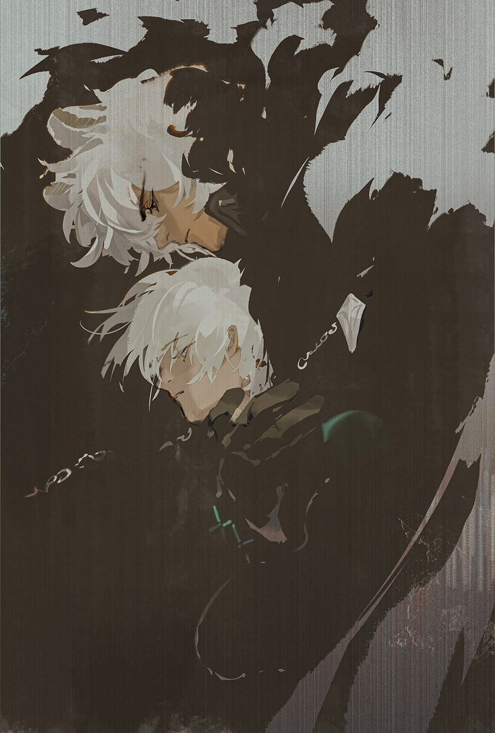 2boys akai_999 arknights black_background black_gloves black_jacket doctor_(arknights) gloves highres hug jacket kemonomimi_mode looking_down male_doctor_(arknights) multiple_boys over_shoulder shadow silverash_(arknights) white_hair yaoi