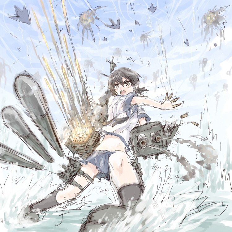 &gt;:o 10s 1girl :o battle black_hair brown_eyes cannon explosion female_focus firing fubuki_(kancolle) kantai_collection kneehighs machinery midriff navel pleated_skirt ponytail school_uniform serafuku shells ship_turret short_ponytail sketch skirt smoke socks solo torpedo v-shaped_eyebrows yukimochi_(yume)