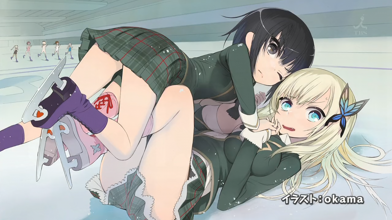 10s 2girls 6+girls anime_screenshot black_hair blonde_hair blue_eyes boku_wa_tomodachi_ga_sukunai breasts bug butterfly butterfly_hair_ornament censored convenient_censoring end_card eyecatch fang hair_ornament hasegawa_kobato heart ice_skates insect kashiwazaki_sena kusunoki_yukimura large_breasts leotard mikazuki_yozora multiple_girls non-web_source okama school_uniform shiguma_rika short_hair skates skating skating_rink takayama_maria watermark