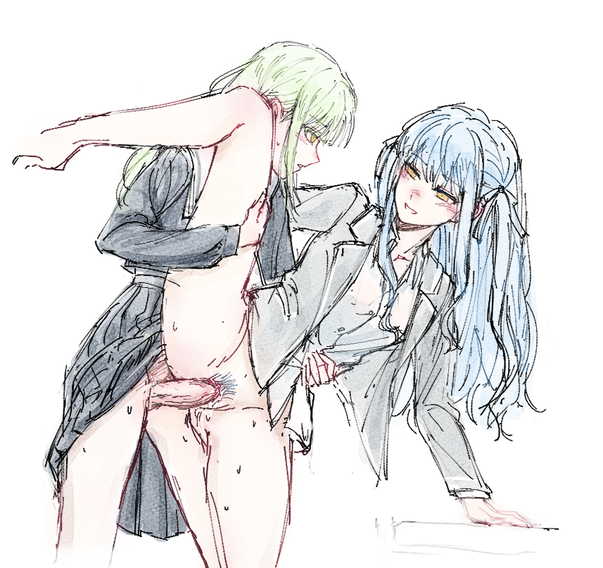 2girls bang_dream! bang_dream!_it&#039;s_mygo!!!!! blue_hair blue_shirt blue_skirt bottomless chinese_commentary commentary_request dress_shirt female_pubic_hair futa_with_female futanari green_hair grey_jacket haneoka_school_uniform jacket long_hair long_sleeves mixed-language_commentary multiple_girls partial_commentary penis pleated_skirt pubic_hair qm_dvn school_uniform sex shirt sidelocks simple_background skirt standing standing_on_one_leg sweat togawa_sakiko tsukinomori_school_uniform wakaba_mutsumi white_background white_shirt