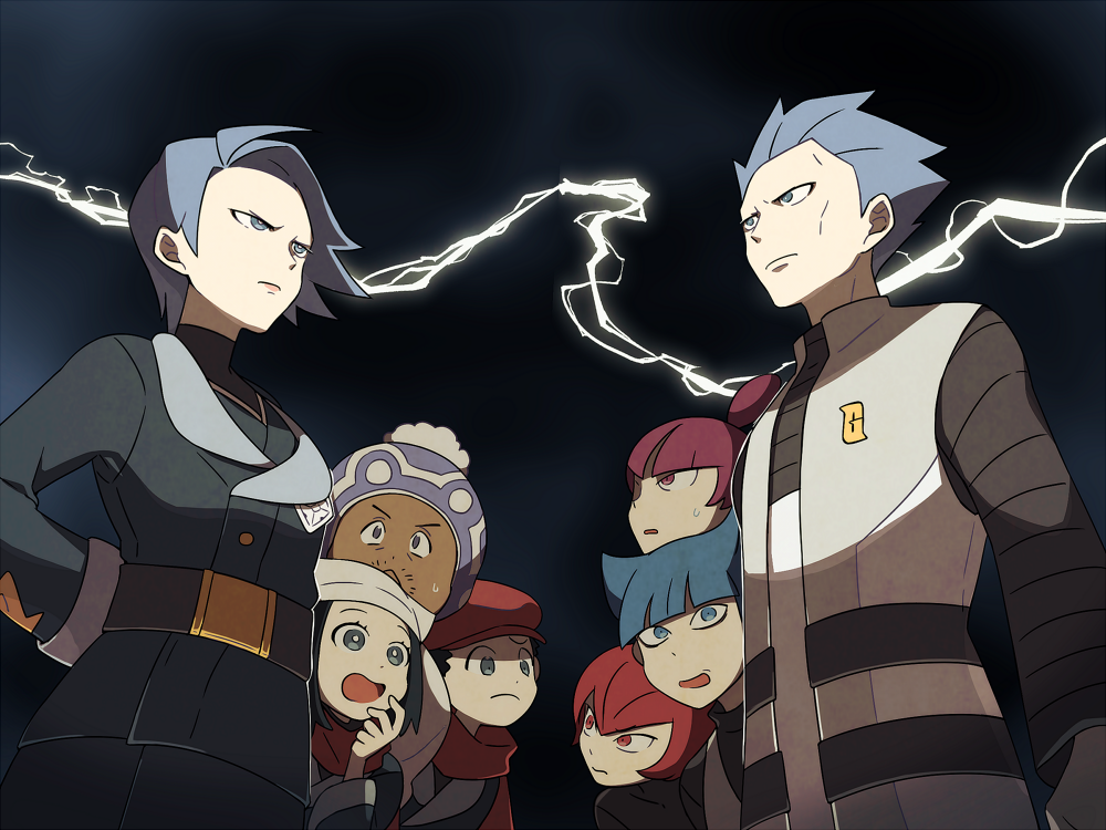 4boys 4girls akari_(pokemon) beanie belt black_hair blue_eyes blunt_bangs closed_mouth commentary creatures_(company) cyllene_(pokemon) cyrus_(pokemon) dark-skinned_male dark_skin electricity eye_contact facial_hair frown game_freak hat headscarf jacket jupiter_(pokemon) laventon_(pokemon) logo looking_at_another mars_(pokemon) multiple_boys multiple_girls nintendo open_mouth pokemon pokemon_dppt pokemon_legends:_arceus purple_hair red_eyes red_hair red_headwear rei_(pokemon) saturn_(pokemon) scarf shirt short_hair ssalbulre vest white_headscarf white_headwear