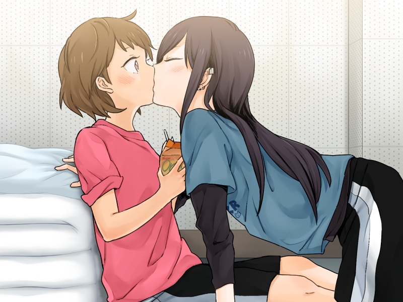 2girls black_hair drink drinking_straw earrings closed_eyes female_focus futano_sasa game_cg gym_uniform ichiki_umi jewelry kiss liar-soft long_hair multiple_girls okujou_no_yurirei-san piercing shirt shorts sitting surprised t-shirt tomboy yuri