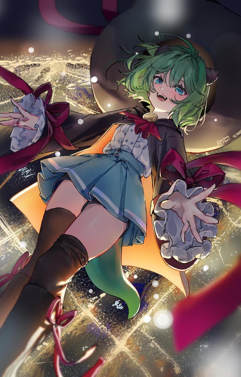 1girl ascot black_boots black_coat black_shorts black_thighhighs blue_eyes blue_skirt boots brown_horns buttons center_frills check_copyright city coat commentary copyright_request dated english_commentary eyelashes falling fangs feet_out_of_frame floating_hair footwear_ribbon frilled_sleeves frills green_hair hair_between_eyes happy high-waist_skirt highres horns knee_boots kobutanori light_particles lizard_tail long_sleeves looking_at_viewer loose_hair_strand miniskirt nail_polish night night_sky open_clothes open_coat open_mouth orange_coat original palms pink_ascot pink_nails pink_ribbon pleated_skirt ribbon shirt short_hair shorts shorts_under_skirt signature skirt sky sleeve_ribbon sleeves_past_wrists smile solo tail teeth thighhighs two-sided_coat two-sided_fabric upper_teeth_only white_shirt