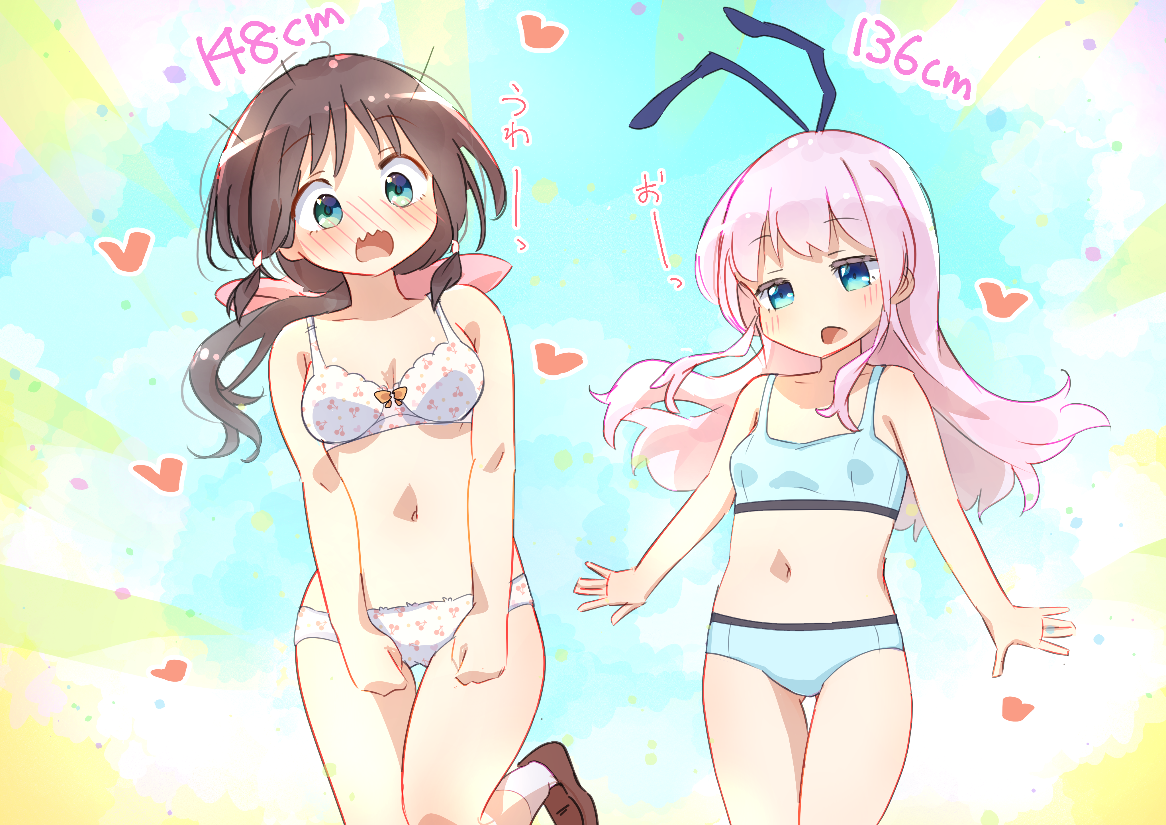 2girls absurdres blue_background blue_bra blue_eyes blue_panties bow bow_bra bra brown_hair cherry_print collarbone commentary_request commission cosplay costume_switch cowboy_shot food_print fruit_print gluteal_fold green_eyes heart height highres honda_tamaki honda_tamaki_(cosplay) icorasama long_hair low-tied_sidelocks low_ponytail multiple_girls naganawa_maria navel orange_bow panties pink_hair ponytail print_bra print_panties sengoku_kamuri sengoku_kamuri_(cosplay) sidelocks skeb_commission slow_start stella_no_mahou stomach underwear underwear_only voice_actor_connection white_bra white_panties