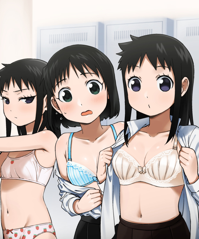 3girls agemono bad_id bad_pixiv_id blush bra breasts changing_clothes fullmetal_alchemist genderswap genderswap_(mtf) locker locker_room multiple_girls panties selim_bradley small_breasts underwear undressing