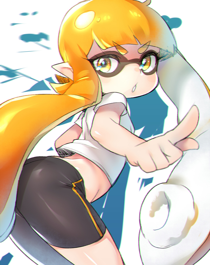 1girl bent_over bike_shorts blonde_hair chromatic_aberration eyebrows female_focus inkling inkling_girl inkling_player_character long_hair looking_at_viewer midriff monster_girl naso4 nintendo parted_lips pointing short_hair_with_long_locks solo splatoon_(series) splatoon_1 squid tentacle_hair thighs twintails