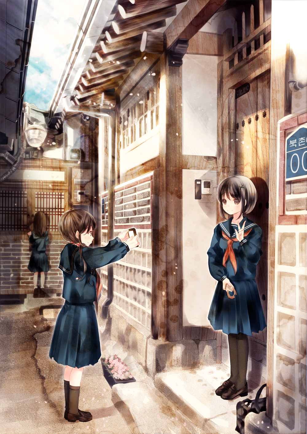 3girls bag black_dress black_serafuku black_skirt black_socks bookbag brown_eyes brown_hair building day dress emodelas eye_contact facing_away flower_box hair_bobbles hair_ornament highres kneehighs looking_at_another medium_hair multiple_girls original outdoors pantyhose school_uniform serafuku short_twintails skirt socks standing taking_picture twintails v wall x_hair_ornament