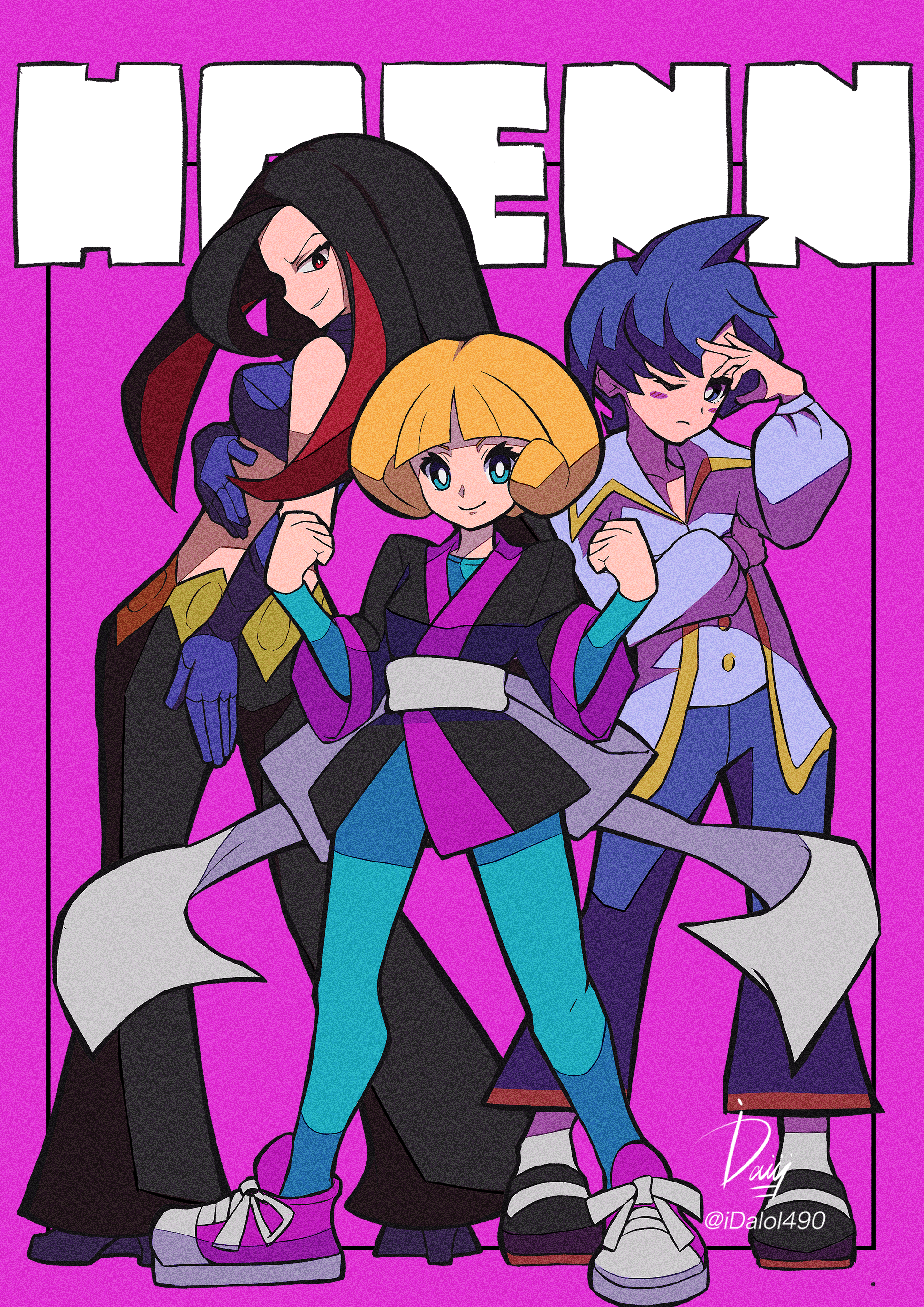 3girls absurdres anabel_(pokemon) black_hair black_pants blonde_hair blue_bodysuit blue_eyes bodysuit crop_top elbow_gloves full_body gloves greta_(pokemon) highres ida_(idalol490) long_hair long_sleeves looking_at_viewer lucy_(pokemon) multicolored_hair multiple_girls nintendo one_eye_closed pants pokemon pokemon_emerald pokemon_rse purple_background purple_eyes purple_gloves purple_hair purple_pants red_eyes red_hair sash shoes short_hair smile sneakers twitter_username two-tone_hair white_sash