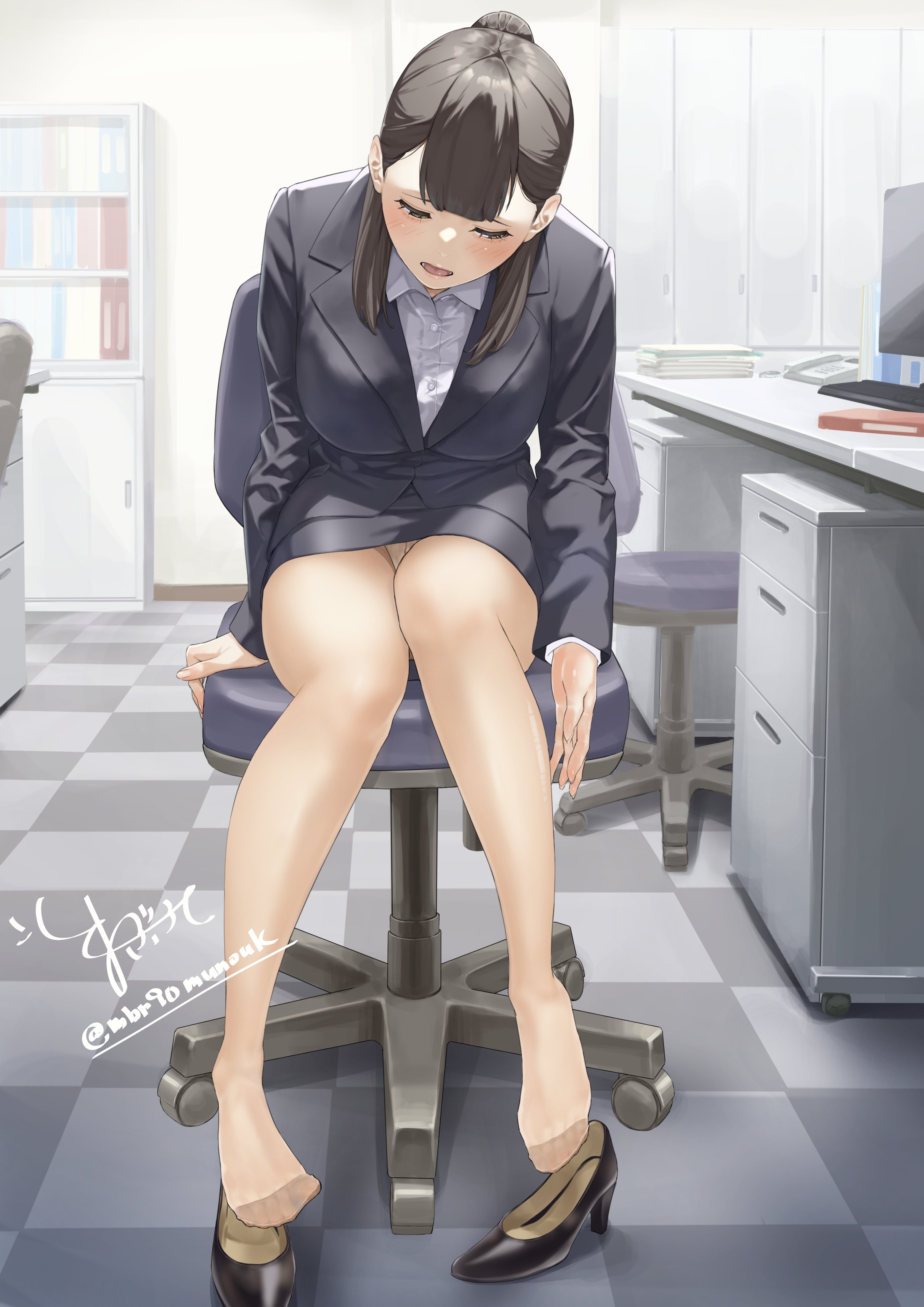 1girl absurdres black_jacket black_shoes black_skirt blush breasts brown_eyes brown_hair chair checkered_floor collared_shirt commentary_request feet hair_between_eyes hair_bun high_heels highres indoors jacket large_breasts leaning_forward legs looking_down maburoku medium_hair no_shoes office office_chair office_lady on_chair open_mouth original panties pantyhose pantyshot pumps reaching shirt shoes signature single_hair_bun sitting skirt solo swivel_chair thighs toe_seam toes twitter_username underwear unworn_shoes white_panties white_shirt