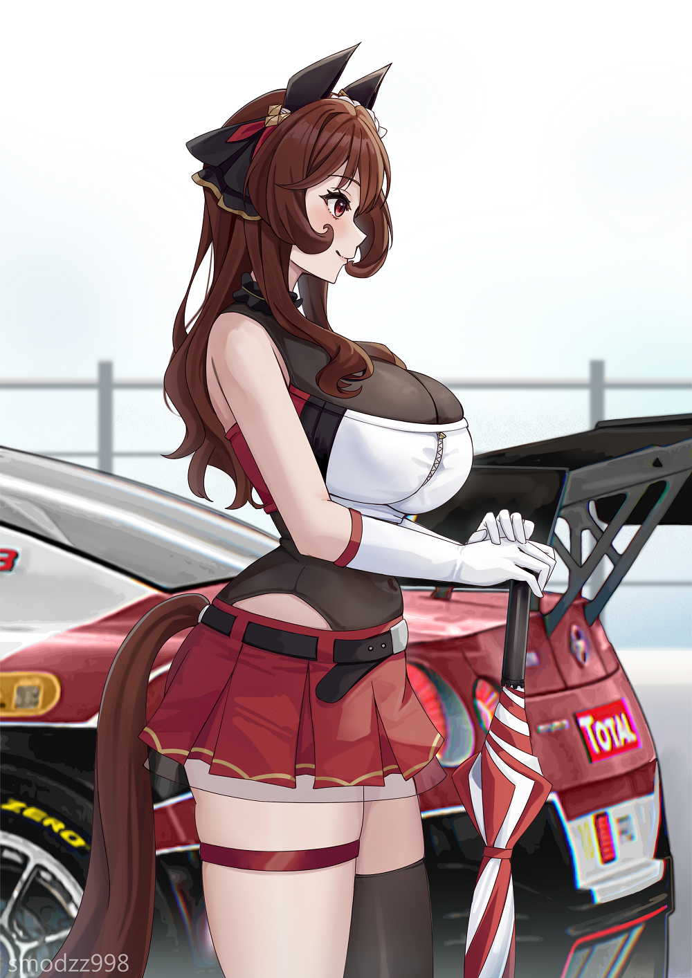 1girl animal_ears belt black_belt black_leotard black_thighhighs breasts brown_hair car commentary ear_covers gentildonna_(umamusume) gloves hair_rings highres holding holding_umbrella horse_ears horse_girl leotard motor_vehicle planted planted_umbrella pleated_skirt race_queen red_eyes red_skirt single_thighhigh skirt smodzz998 thigh_strap thighhighs umamusume umbrella white_gloves