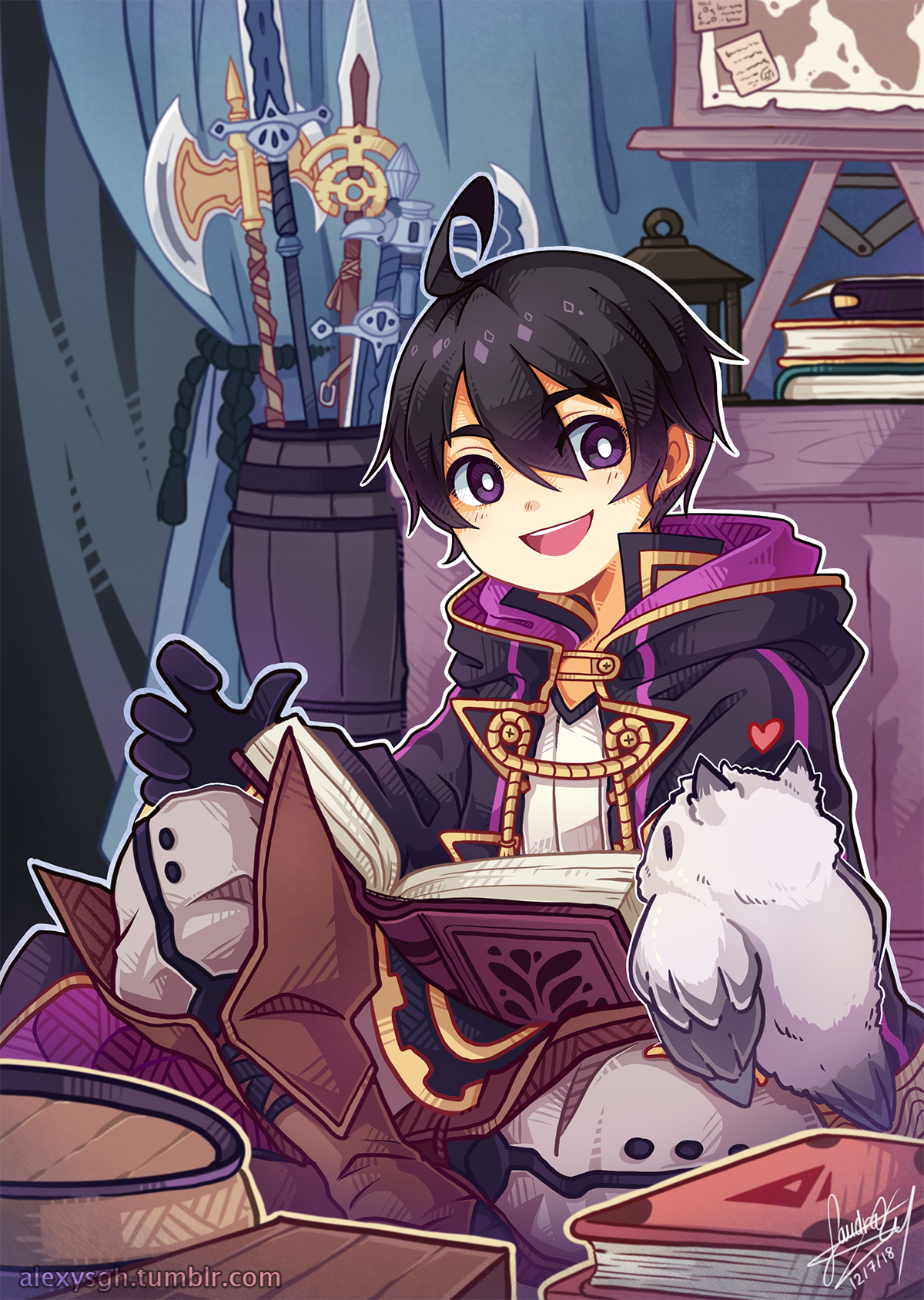 1boy ahoge animal animal_on_leg barrel beak bird bird_on_leg black_hair black_robe black_rope book book_stack brown_footwear commentary dated english_commentary feathers fire_emblem fire_emblem_awakening gloves halberd highres hood hood_down hooded_jacket jacket lantern long_sleeves morgan_(fire_emblem) multicolored_robe multiple_weapons nintendo open_mouth owl polearm purple_eyes purple_trim robe rope sandragh short_hair signature sitting smile sword watermark weapon white_feathers