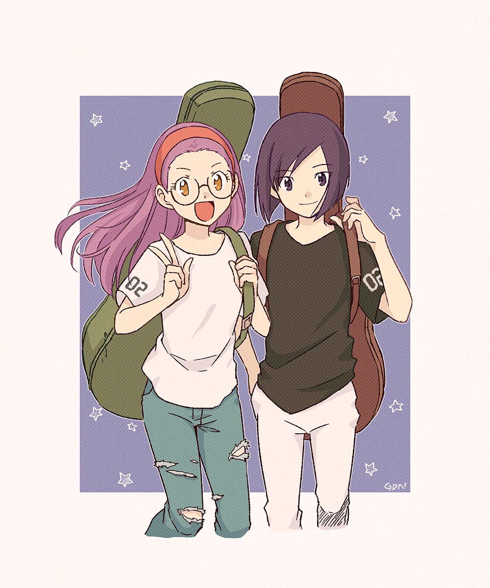 1boy 1girl :d black_eyes black_hair black_shirt blue_pants brown_eyes closed_mouth cropped_legs digimon digimon_adventure_02 floating_hair gdn0522 glasses guitar_case hand_in_pocket headband highres ichijouji_ken inoue_miyako instrument_case long_hair looking_at_viewer open_mouth pants purple_hair red_headband shirt short_hair short_sleeves smile standing swept_bangs torn_clothes torn_pants w white_pants white_shirt