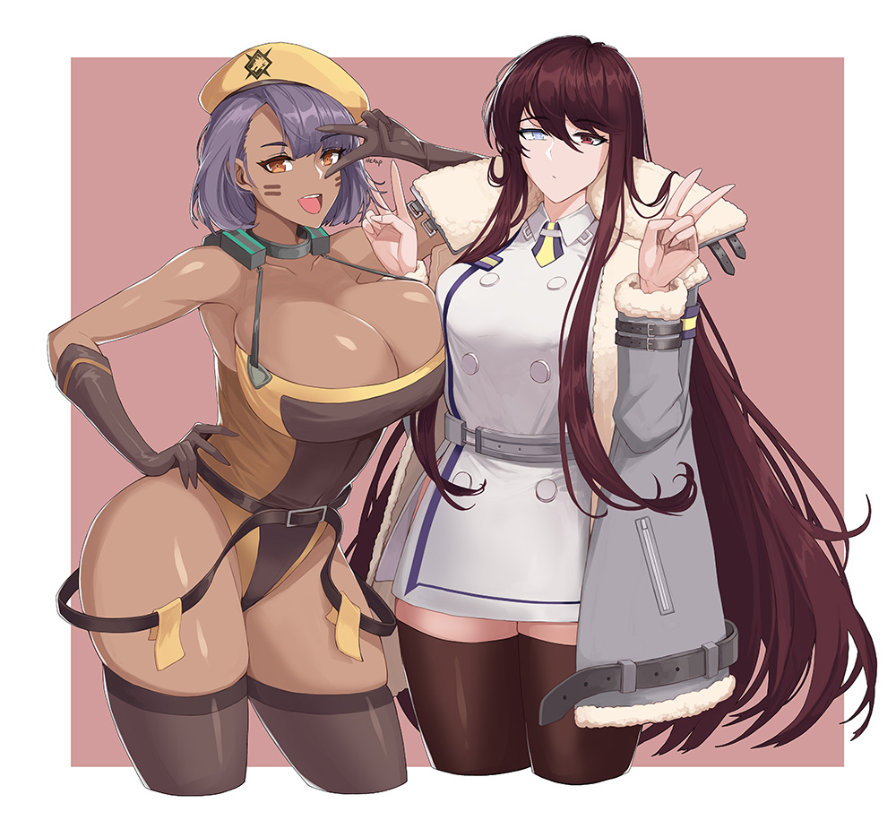 2girls asymmetrical_bangs black_legwear blue_eyes breasts brown_eyes brown_hair brown_legwear cleavage coat dark-skinned_female dark_skin double_v facepaint hella_p huge_breasts last_origin leotard long_hair looking_at_viewer multiple_girls open_mouth purple_hair quick_camel red_eyes short_hair smile thighhighs v v_over_eye valkyrie_(last_origin) very_long_hair