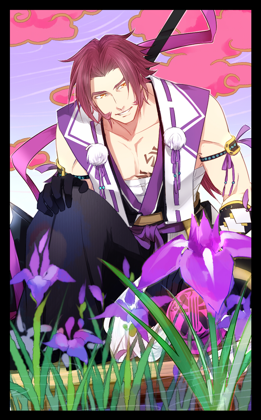 10s 1boy black_border border cloud flower gooya gradient_background highres japanese_clothes long_sideburns male_focus personification polearm pom_pom_(clothes) red_hair sarashi siddham sideburns sitting smile solo spear tonbokiri_(touken_ranbu) touken_ranbu weapon yari yellow_eyes