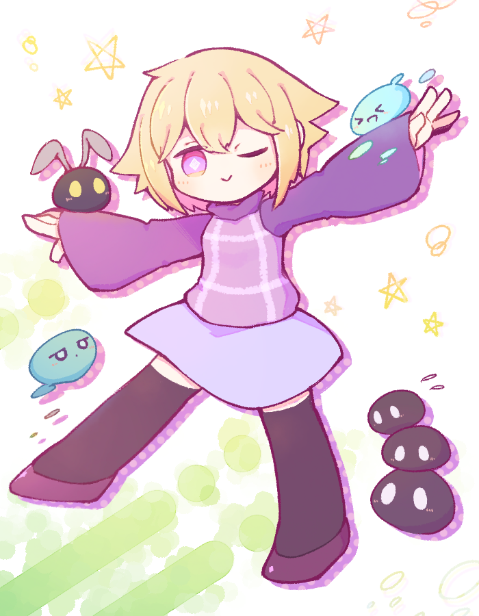 &gt;_&lt; 1girl :&gt; black_thighhighs blonde_hair bright_pupils brown_shoes closed_mouth commentary_request creature creature_on_arm creature_on_hand diamond-shaped_pupils diamond_(shape) drop_shadow full_body grey_skirt hair_flaps kekorin5 long_sleeves looking_at_viewer medium_hair one_eye_closed outstretched_arms pentagram purple_eyes purple_sweater shoes skirt smile solo spread_arms standing standing_on_one_leg sweater symbol-shaped_pupils thighhighs turtleneck turtleneck_sweater unusually_open_eyes urotsuki yume_2kki zettai_ryouiki