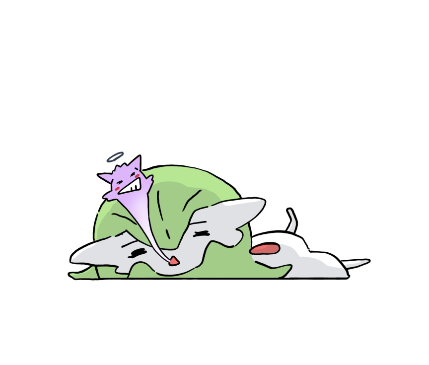 1girl =_= blush_stickers bob_cut chibi chibi_only closed_eyes colored_skin female_focus full_body game_freak gardevoir gen_1_pokemon gen_3_pokemon gengar ghost giving_up_the_ghost green_hair green_skin hair_between_eyes halo lying multicolored_skin nintendo on_stomach open_mouth pokemon pokemon_(creature) short_hair simple_background solo_focus tsutsu_izakura two-tone_skin white_background white_skin