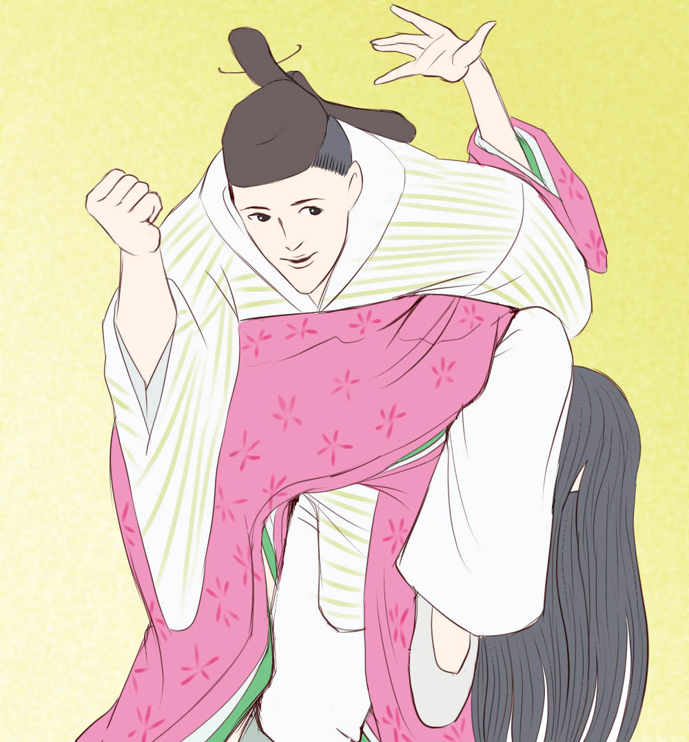 10s 1boy 1girl black_hair japanese_clothes kaguya-hime_no_monogatari kaguya_hime kimono long_hair mikado_(kaguya-hime_no_monogatari) mitarashi_dingo pointy_chin shimon_mosado studio_ghibli tagme