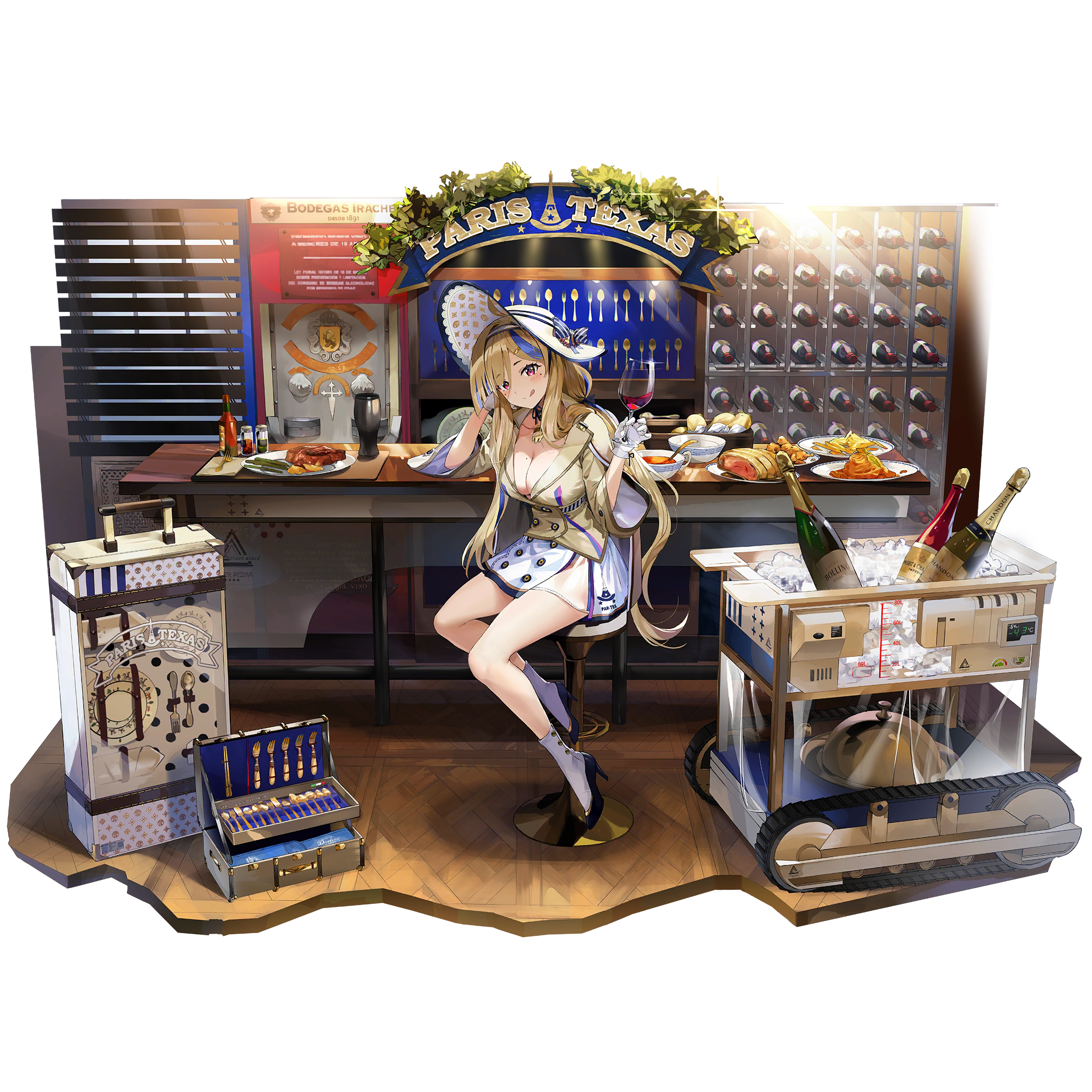 1girl :d ahoge alcohol artist_request baked_potato bar_(place) beer blonde_hair blue_hair boots breasts buttons chicken_(food) cleavage cup double-breasted drinking_glass english_text faux_figurine food fork fried_chicken full_body game_cg girls'_frontline girls'_frontline_neural_cloud gloves hat highres holding holding_cup ice jacket knife licking_lips long_hair millau_(neural_cloud) mole mole_on_breast official_art on_stool open_mouth plate rolling_suitcase sitting skirt smile solo soup sparkling_eyes spoon steak suitcase sun_hat third-party_source tongue tongue_out transparent_background utensil_rack white_boots white_gloves white_skirt wine wine_glass wine_rack yellow_jacket