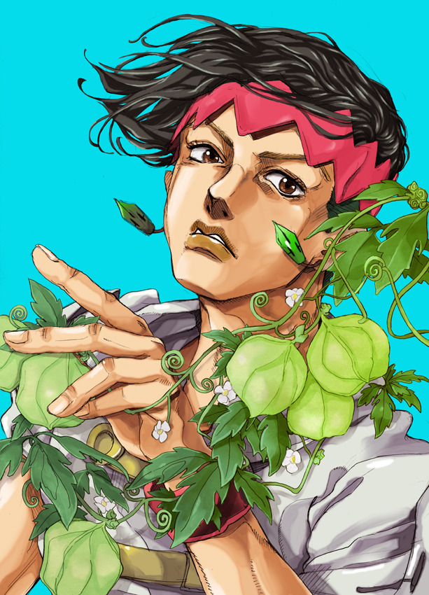 1boy araki_hirohiko_(style) black_hair blue_background brown_eyes diamond_wa_kudakenai eyelashes fingernails headband hijirino_yuuta jojo_no_kimyou_na_bouken kishibe_rohan looking_at_viewer male_focus parted_lips plant shirt simple_background solo tomato upper_body vines white_shirt wristband