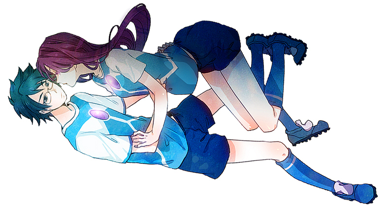 bad_id bad_pixiv_id blue_hair brother_and_sister glasses inazuma_eleven inazuma_eleven_(series) kunimitsu_(9nimi2) legs long_hair purple_eyes purple_hair shoes siblings sneakers soccer_uniform socks sportswear touchi_ai touchi_shuuji