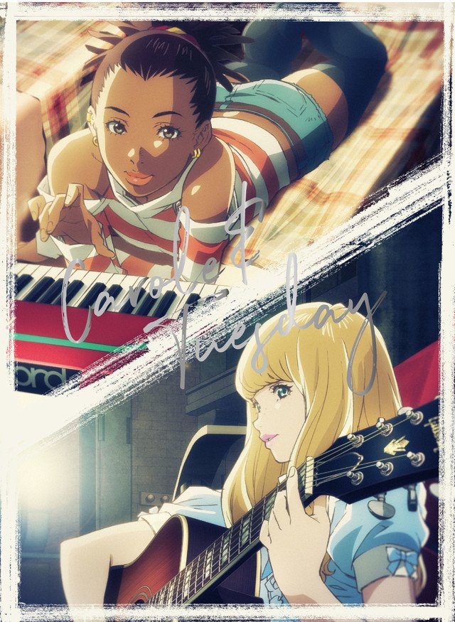 2girls acoustic_guitar arm_support artist_request backlighting bare_shoulders belt black_legwear blanket blonde_hair blue_eyes blue_ribbon blunt_bangs blurry bokeh border brick_wall brown_eyes brown_hair carole_&amp;_tuesday carole_stanley closed_mouth copyright_name couch cover dark-skinned_female dark_skin denim denim_shorts depth_of_field dvd_cover earrings eyelashes fingernails freckles frills from_above from_below guitar hand_up happy high_ponytail hoop_earrings indoors instrument jewelry keyboard_(instrument) legs_up lens_flare lips living_room long_hair long_sleeves looking_at_viewer looking_to_the_side lying multiple_girls music off-shoulder_shirt off_shoulder official_art on_couch on_stomach parted_lips plaid_blanket playing_instrument ponytail puffy_short_sleeves puffy_sleeves ribbon shaded_face shiny_skin shirt short_shorts short_sleeves shorts skindentation smile striped_clothes striped_shirt sunlight sunset tareme text_focus thighhighs thighs tuesday_simmons very_dark_skin wall white_border zettai_ryouiki