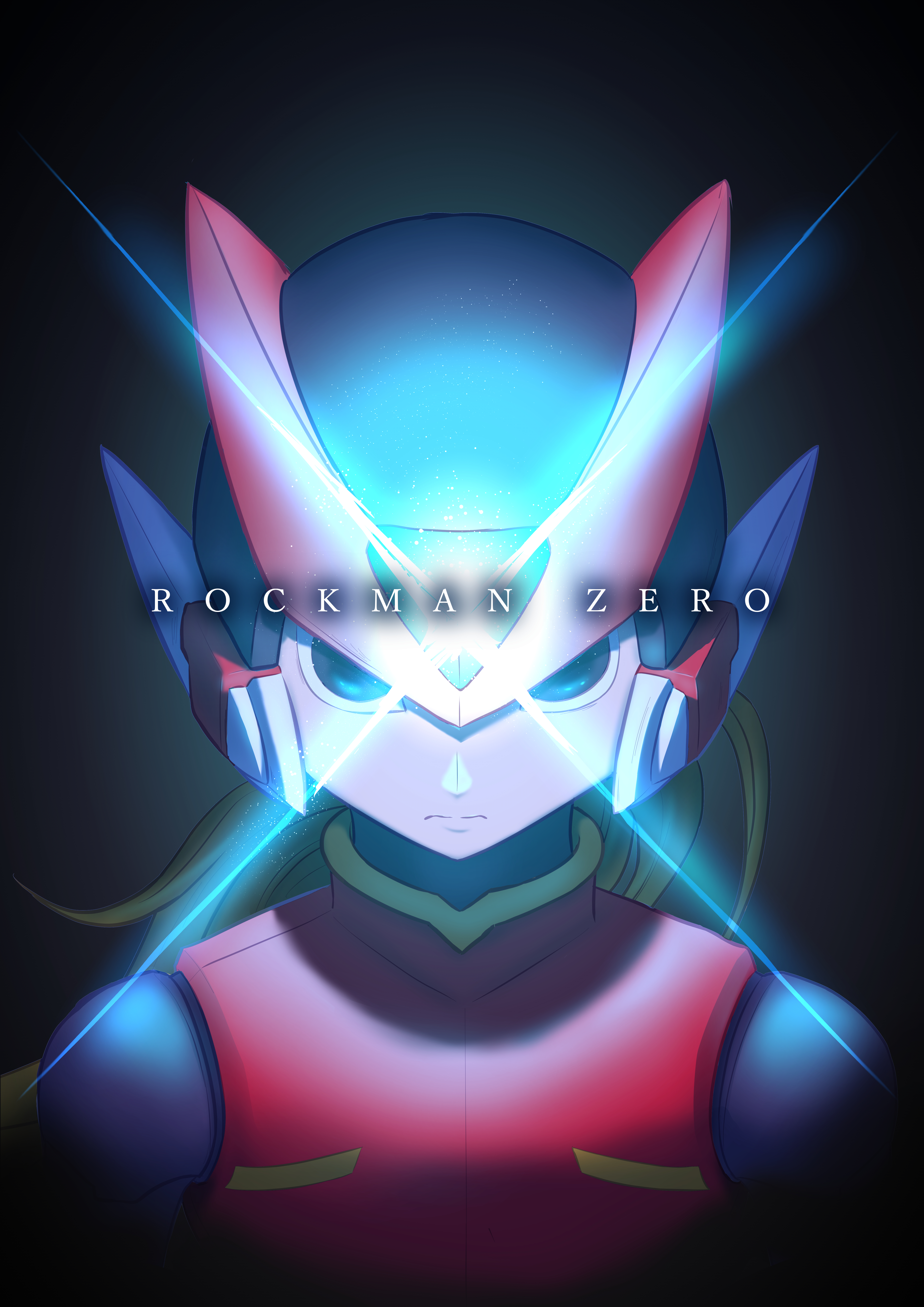 1boy absurdres armor black_eyes blonde_hair copyright_name dark_background forehead_jewel glowing helmet highres long_hair male_focus mega_man_(series) mega_man_day mega_man_zero_(series) naoya94063135 red_armor red_helmet solo upper_body zero(z)_(mega_man) zero_(mega_man)