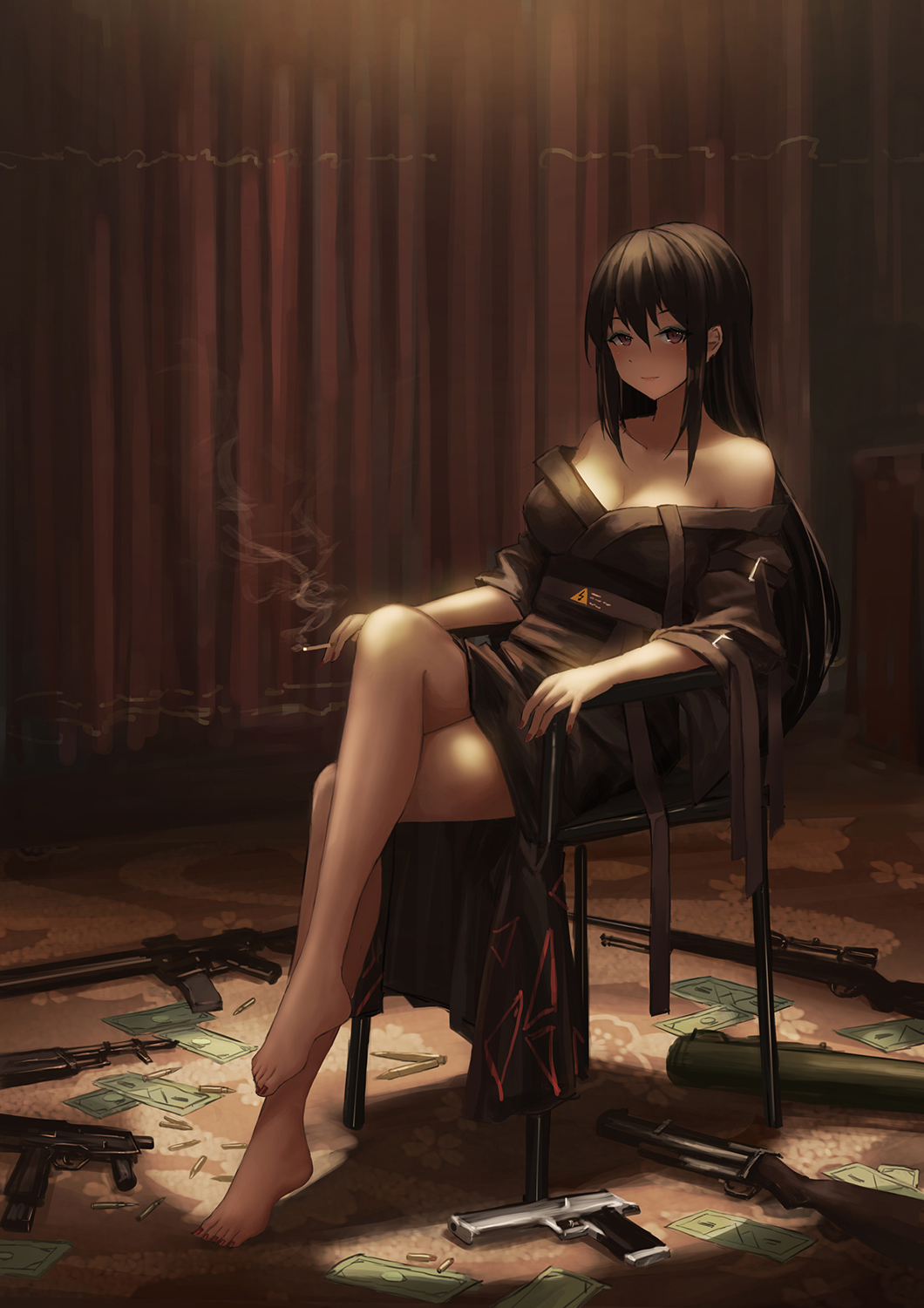 1girl ak-47 assault_rifle b&amp;t_mp9 b&amp;t_vp9 bad_id bad_pixiv_id barefoot between_fingers black_hair black_kimono break-action_grenade_launcher chair cigarette closed_mouth crossed_legs desert_eagle eyeshadow female_focus fingernails grenade_launcher gun hair_between_eyes handgun highres holding holding_cigarette indoors japanese_clothes kalashnikov_rifle kimono lightning_bolt_symbol long_hair long_sleeves looking_at_viewer m72_law m79 makeup man-portable_anti-tank_systems money nail_polish off_shoulder on_chair original red_eyes red_nails rifle rocket_launcher sitting smoke solo submachine_gun toenail_polish toenails very_long_hair weapon weapon_request yurika-r