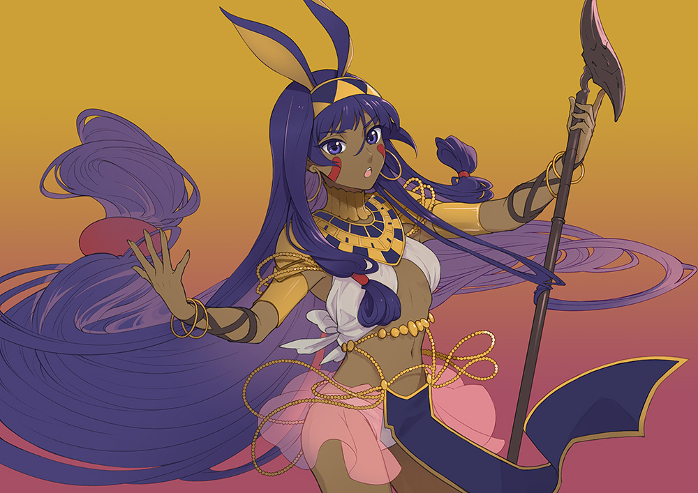 1girl bracelet breasts cowboy_shot dark-skinned_female dark_skin earrings fate/grand_order fate_(series) gradient_background holding holding_staff hoop_earrings isshoku_(shiki) jewelry long_hair looking_at_viewer low-tied_long_hair multicolored_background navel nitocris_(fate) open_mouth panties pink_background purple_eyes purple_hair simple_background small_breasts solo staff teeth tongue two-tone_background underwear very_long_hair yellow_background