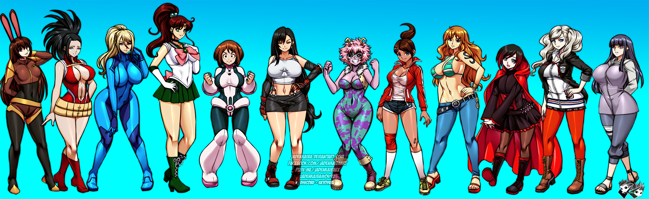 6+girls animal_ears asahina_aoi ashido_mina bishoujo_senshi_sailor_moon black_hair blonde_hair boku_no_hero_academia breasts brown_hair colored_skin crossover danganronpa_(series) final_fantasy final_fantasy_vii huge_breasts hyuuga_hinata jadenkaiba kino_makoto large_breasts leotard long_hair medium_breasts megami_tensei metroid multiple_girls nami_(one_piece) naruto_(series) naruto_shippuuden nintendo one_piece orange_hair persona persona_5 pink_hair pink_skin ponytail rabbit_ears red_leotard ruby_rose rwby sailor_jupiter samus_aran smile takamaki_anne tifa_lockhart twintails uraraka_ochako velvet_scarlatina yaoyorozu_momo zero_suit