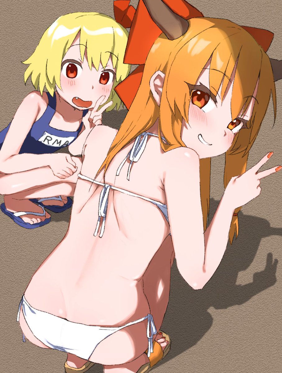 2girls back bikini blonde_hair blue_footwear blue_one-piece_swimsuit blush bow brown_background brown_eyes brown_footwear brown_hair brown_horns commentary_request cookie_(touhou) fang fingernails full_body grin hair_bow highres horns ibuki_suika long_hair looking_at_viewer looking_back multiple_girls nadeko_(cookie) old_school_swimsuit one-piece_swimsuit open_mouth orange_nails pura_(aiueo256375) red_bow red_eyes rumia sandals school_swimsuit shadow shiny_skin short_hair sidelocks smile squatting swimsuit touhou v white_bikini yamin_(cookie)