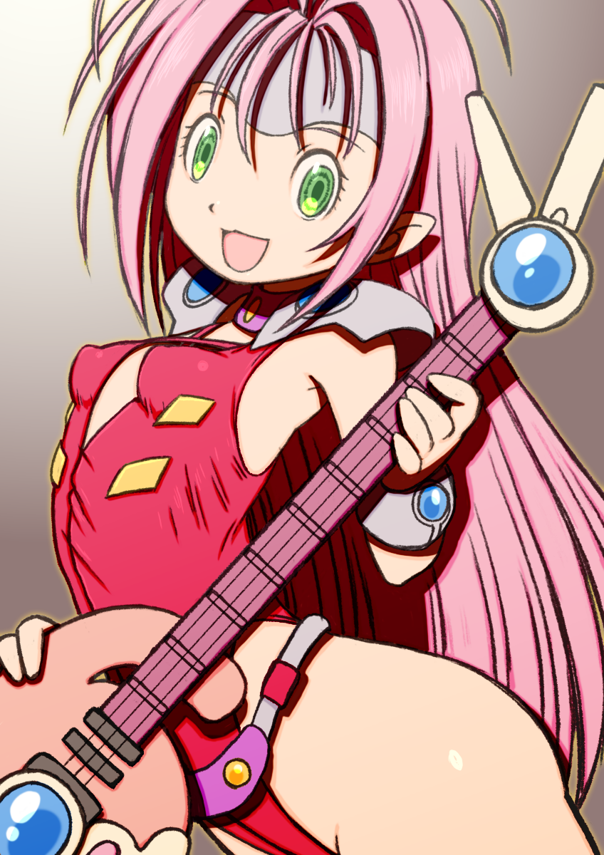 1girl :d armor beeru_(veil8801) breasts covered_erect_nipples eyelashes gradient_background green_eyes guitar highleg highleg_leotard highres holding holding_guitar holding_instrument instrument leotard long_hair macross macross_7 mylene_jenius open_mouth pink_hair red_leotard shoulder_armor small_breasts smile solo very_long_hair
