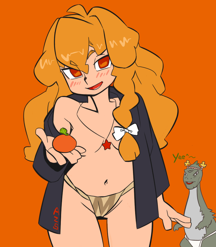 1girl azusa_(cookie) black_shirt blush bow braid breasts commentary_request cookie_(touhou) cowboy_shot dinosaur dinosaur_adventure food fruit fundoshi hair_bow japanese_clothes jewelry kirisame_marisa long_hair looking_at_viewer mandarin_orange medium_breasts meme navel necklace no_bra off_shoulder open_mouth orange_eyes orange_hair oro_(dinosaur_adventure) scotch_(cookie) shirt side_braid simple_background single_braid star_(symbol) touhou white_bow yee_(meme)