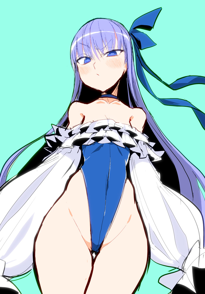 1girl bare_shoulders blue_choker blue_eyes blue_one-piece_swimsuit blue_ribbon choker closed_mouth commentary_request cowboy_shot fate/grand_order fate_(series) frilled_one-piece_swimsuit frills furrowed_brow ken_(koala) long_hair long_sleeves looking_at_viewer meltryllis meltryllis_(fate) meltryllis_(swimsuit_lancer)_(fate) off-shoulder_one-piece_swimsuit off_shoulder one-piece_swimsuit purple_hair ribbon simple_background sleeves_past_fingers sleeves_past_wrists solo standing swimsuit very_long_hair