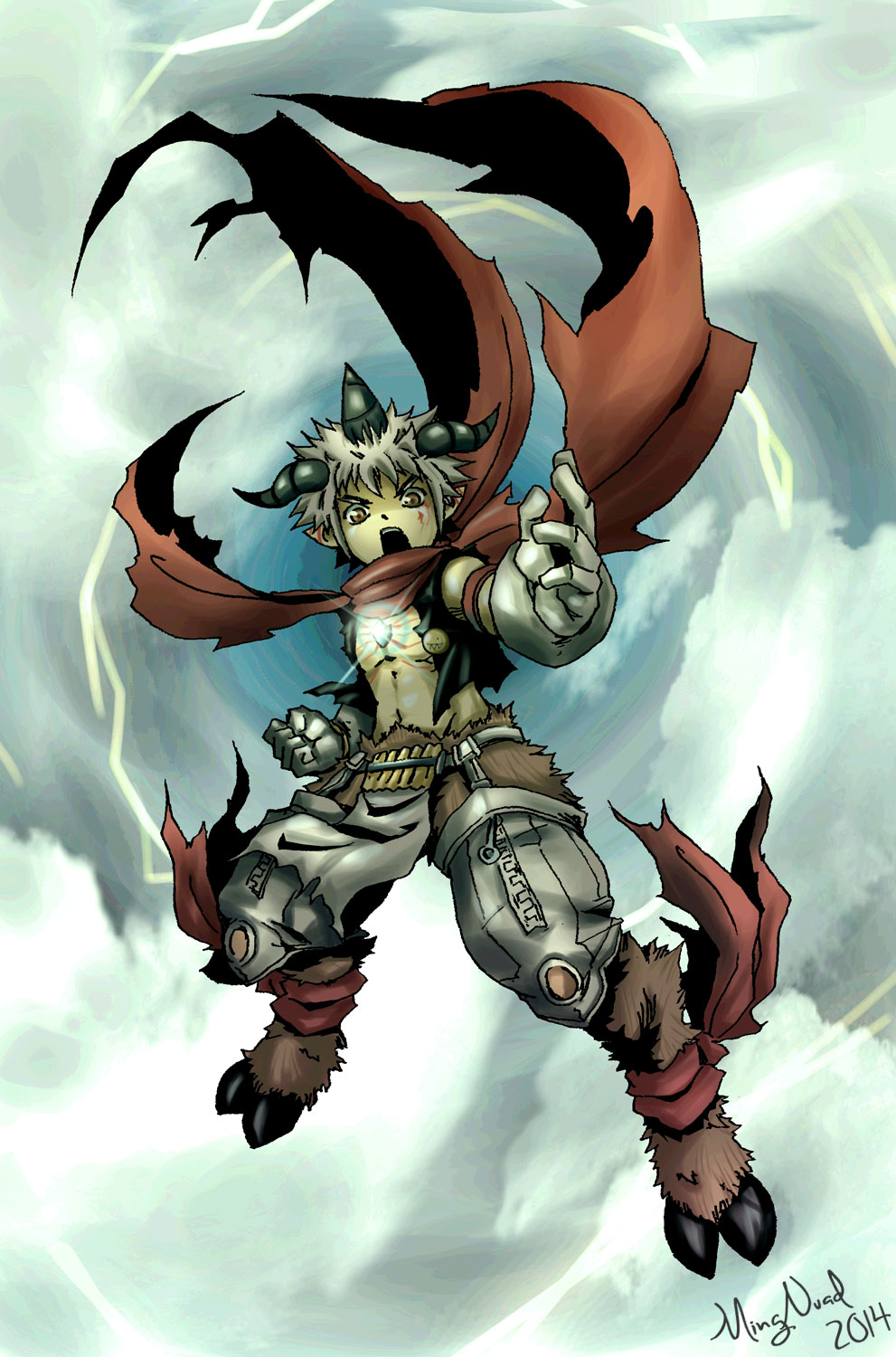 1boy aegiomon cloud digimon digimon_(creature) highres horns male_focus open_mouth scarf solo