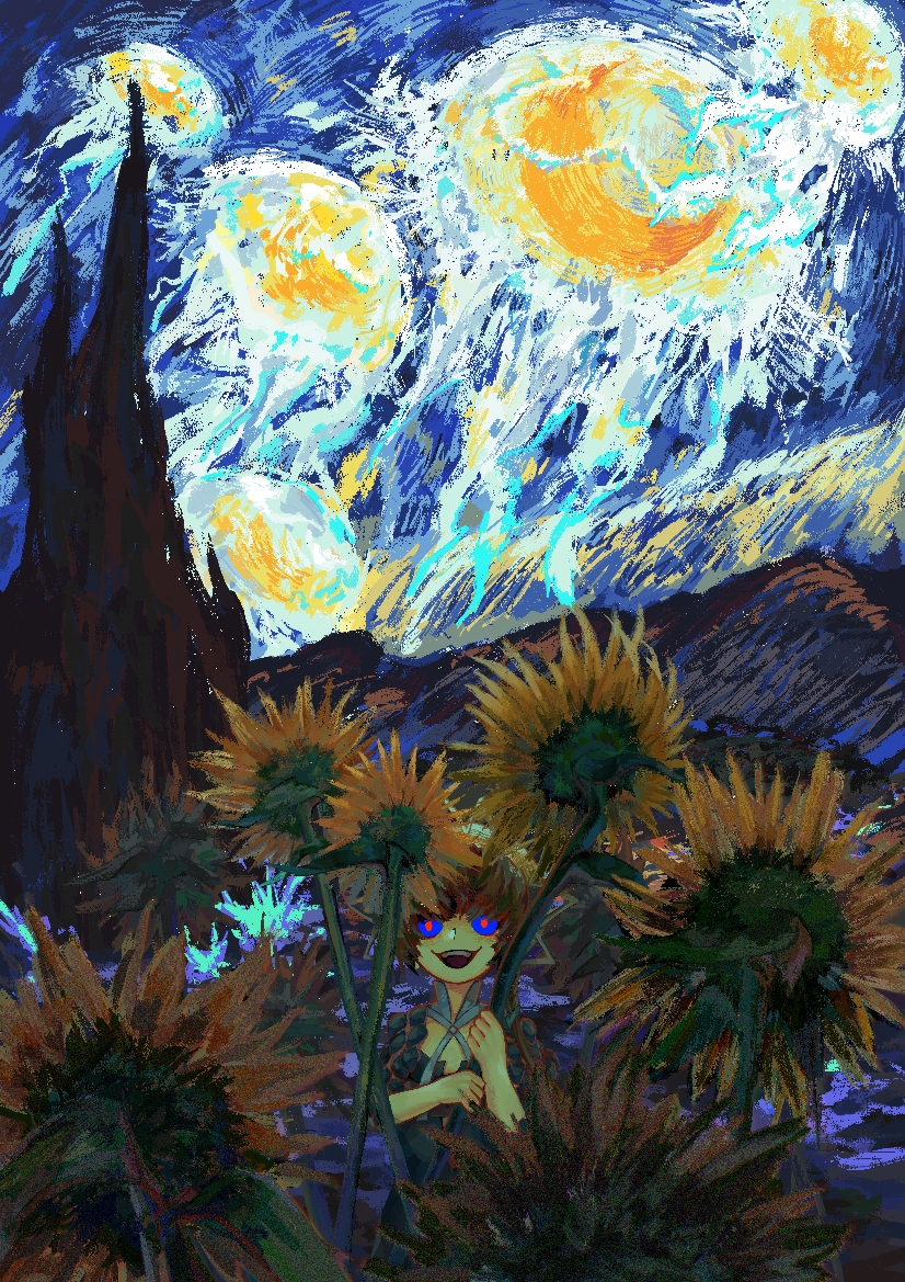 1girl :d blue_dress blue_sclera blue_sky braid brown_hair colored_sclera commentary constricted_pupils dress english_commentary evil_smile fate/grand_order fate_(series) field flower flower_field holding holding_flower impressionism long_hair looking_at_viewer moon night night_sky open_mouth outdoors painterly red_eyes side_braid silsor_lilac sky smile solo starry_night sunflower sunflower_field teeth upper_teeth_only van_gogh_(fate) van_gogh_(first_ascension)_(fate) vincent_van_gogh_(style) yellow_flower