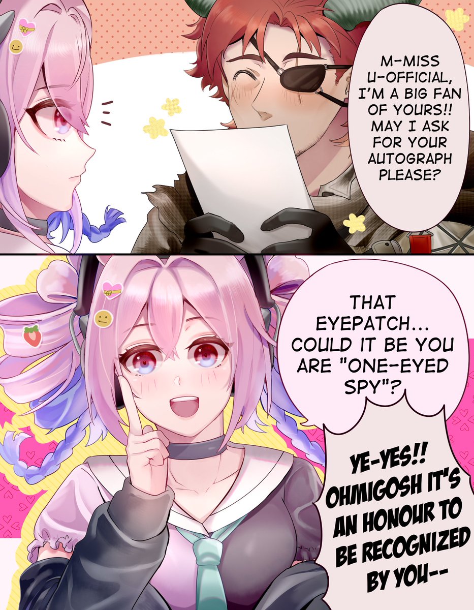 1boy 1girl arknights black_headphones blush demon_boy demon_horns drill_hair english_text eyepatch headphones heart_emoji highres hoederer_(arknights) holding holding_paper horns imma_artsu long_hair multicolored_hair necktie paper pink_hair purple_hair red_hair scar scar_across_eye scar_on_face smile_emoji speech_bubble twin_drills u-official_(arknights)