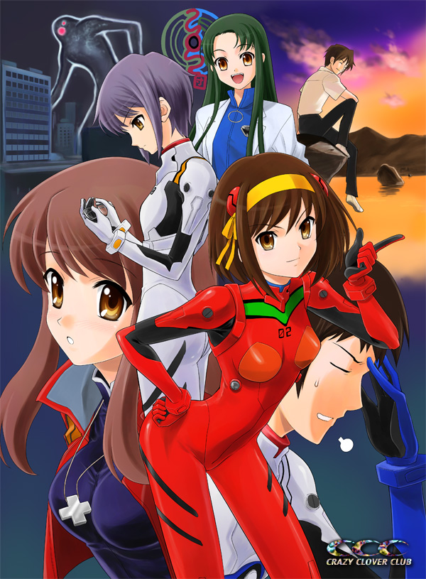 2boys 4girls akagi_ritsuko_(cosplay) asahina_mikuru ayanami_rei_(cosplay) brown_hair celestial_(suzumiya_haruhi) cosplay crossover ikari_shinji_(cosplay) interface_headset_(evangelion) katsuragi_misato_(cosplay) koizumi_itsuki kyon latex mecha_pilot_suit multiple_boys multiple_girls nagato_yuki nagisa_kaworu_(cosplay) neon_genesis_evangelion parody plugsuit_(cosplay) plugsuit_(evangelion) shirotsumekusa short_hair souryuu_asuka_langley souryuu_asuka_langley_(cosplay) suzumiya_haruhi suzumiya_haruhi_no_yuuutsu tsuruya