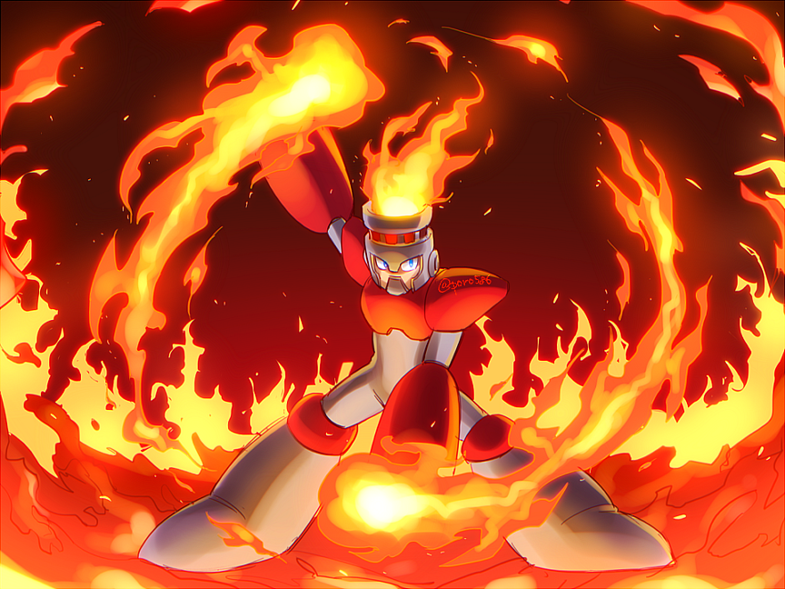 1boy artist_name blue_eyes fire fire_man flaming_hand full_body gradient_background helmet mega_man_(classic) mega_man_(series) mega_man_1 poroi_(poro586) red_background robot solo standing