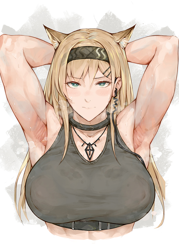 1girl abs animal_ears arknights armpits arms_behind_head blonde_hair breasts cat_ears covered_erect_nipples green_eyes headband horn_(arknights) jewelry large_breasts laserflip muscular muscular_female necklace puffy_nipples steam sweat