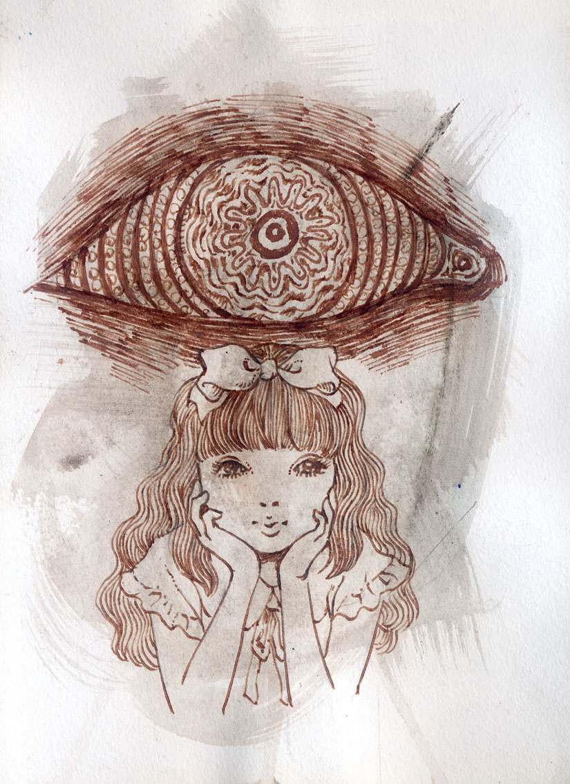 1girl bow dress eye_symbol fractal_underground_studio hair_bow head_rest long_hair looking_at_viewer monochrome neck_ribbon original ribbon short_sleeves traditional_media upper_body