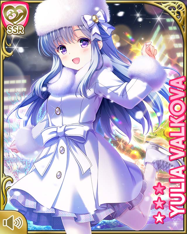 1girl :d bag bow christmas coat dress fur_trim girlfriend_(kari) grey_hair handbag ice_rink ice_skates ice_skating long_hair night official_art open_mouth outdoors purple_eyes qp:flapper skates skating smile standing standing_on_one_leg sweater white_bow white_coat white_dress white_headwear white_sweater winter_clothes yulia_valkova