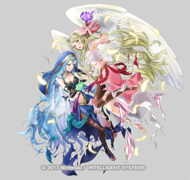 2girls alternate_costume asymmetrical_legwear azura_(fire_emblem) azura_(hatari)_(fire_emblem) blonde_hair blue_hair breasts choker cleavage feathers feet female_focus fire fire_emblem fire_emblem:_radiant_dawn fire_emblem_fates fire_emblem_heroes full_body green_eyes green_fire holding holding_torch kaya8 leanne_(fire_emblem) leanne_(hatari)_(fire_emblem) long_hair looking_at_viewer medium_breasts midriff multiple_girls navel nintendo official_alternate_costume official_art pantyhose purple_fire toeless_legwear toes torch torn_clothes veil very_long_hair white_wings wings yellow_eyes