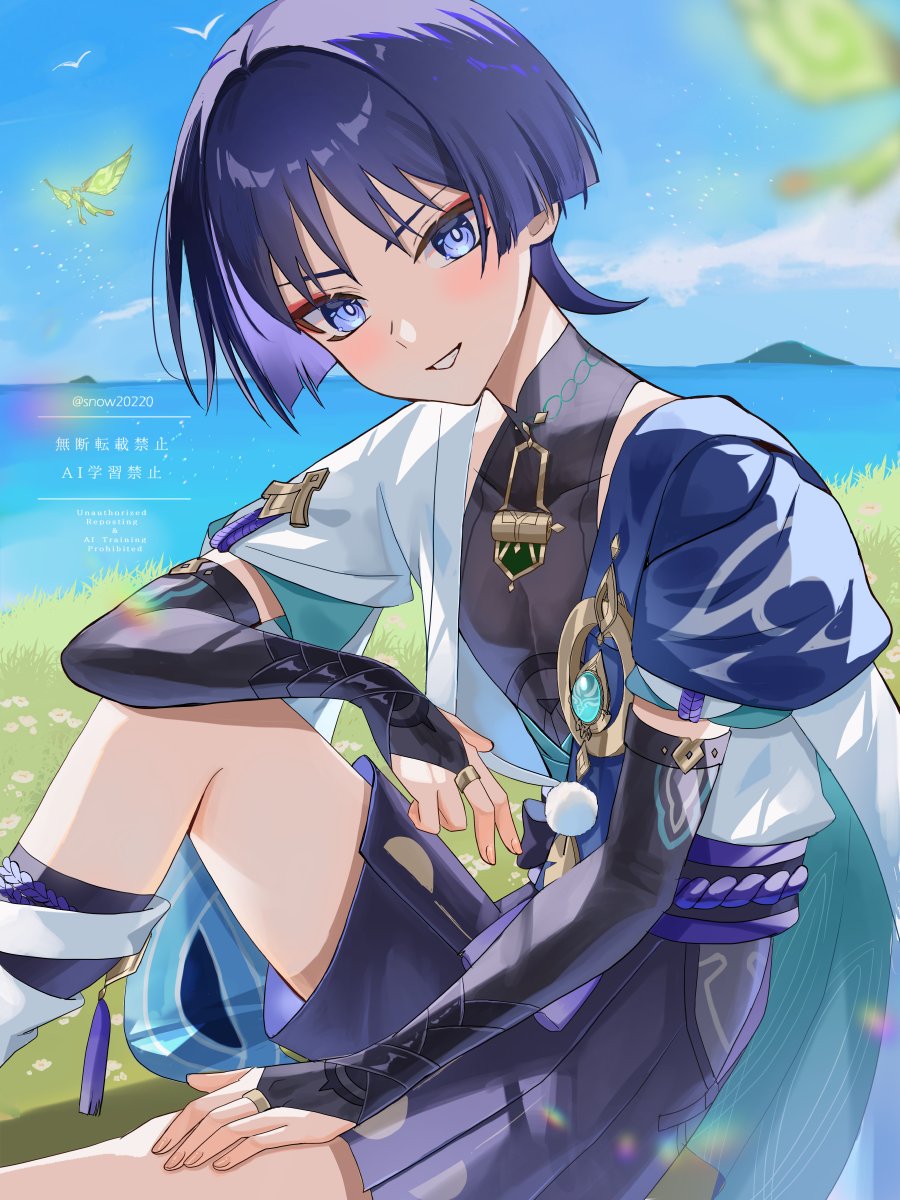 1boy anemo_symbol_(genshin_impact) aqua_gemstone aqua_kimono aqua_sleeves arm_on_knee armor bird black_bodysuit black_bridal_gauntlets black_leggings black_shorts blue_cape blue_sky blunt_ends blush bodysuit bridal_gauntlets bright_pupils cape clear_sky covered_collarbone crystalfly_(genshin_impact) eyeliner eyeshadow feathers fingernails flower furisode gem genshin_impact gold_ring grass grin hair_intakes hakama hakama_shorts han&#039;eri hand_on_own_thigh highres horizon japanese_armor japanese_clothes kimono knee_up kote kurokote layered_kimono layered_sleeves leg_warmers leggings looking_at_viewer makeup male_focus mandarin_collar middle_ring ocean on_grass open_clothes open_kimono outdoors pink_flower pleated_shorts pom_pom_(clothes) purple_eyes purple_rope red_eyeliner red_eyeshadow rope scaramouche_(genshin_impact) short_sleeves shorts shoulder_peek sitting sky smile snow20200 solo tassel three_quarter_view tsurime twitter_username vision_(genshin_impact) wanderer_(genshin_impact) watermark white_flower white_kimono white_leg_warmers white_pupils white_sleeves white_trim yellow_feathers