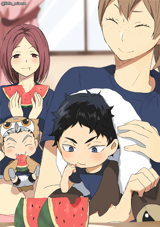 2boys 2girls ^_^ akaashi_keiji animal_ears animal_hat black_hair blue_eyes blue_shirt blush bokuto_koutarou brown_hair chibi closed_eyes eating closed_eyes food freckles fruit grey_hair haikyuu!! hat kurot medium_hair multicolored_hair multiple_boys multiple_girls red_hair shirofuku_yukie shirt short_hair short_sleeves sitting smile suzumeda_kaori towel two-tone_hair watermelon