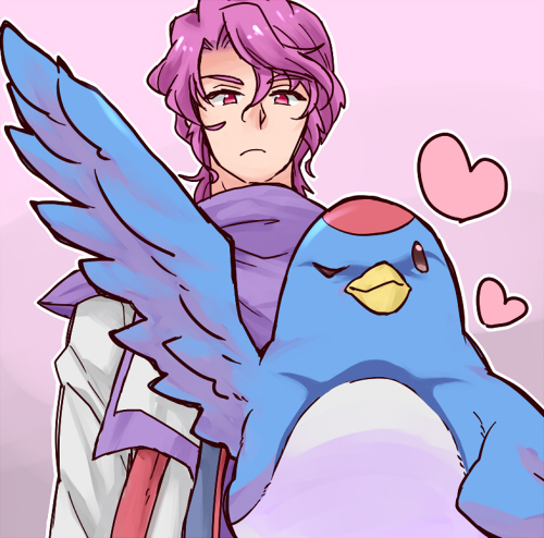 1boy akimoto_(akimomomoto) bad_id bad_pixiv_id bird chika_(srw) heart lowres one_eye_closed pink_background purple_eyes purple_hair shuu_shirakawa super_robot_wars super_robot_wars_the_lord_of_elemental upper_body